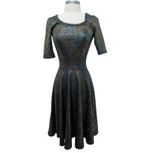 Metallic Holographic Oil Slick Fit and Flare Midi Dress Scoop Neck Elbow Sleeve